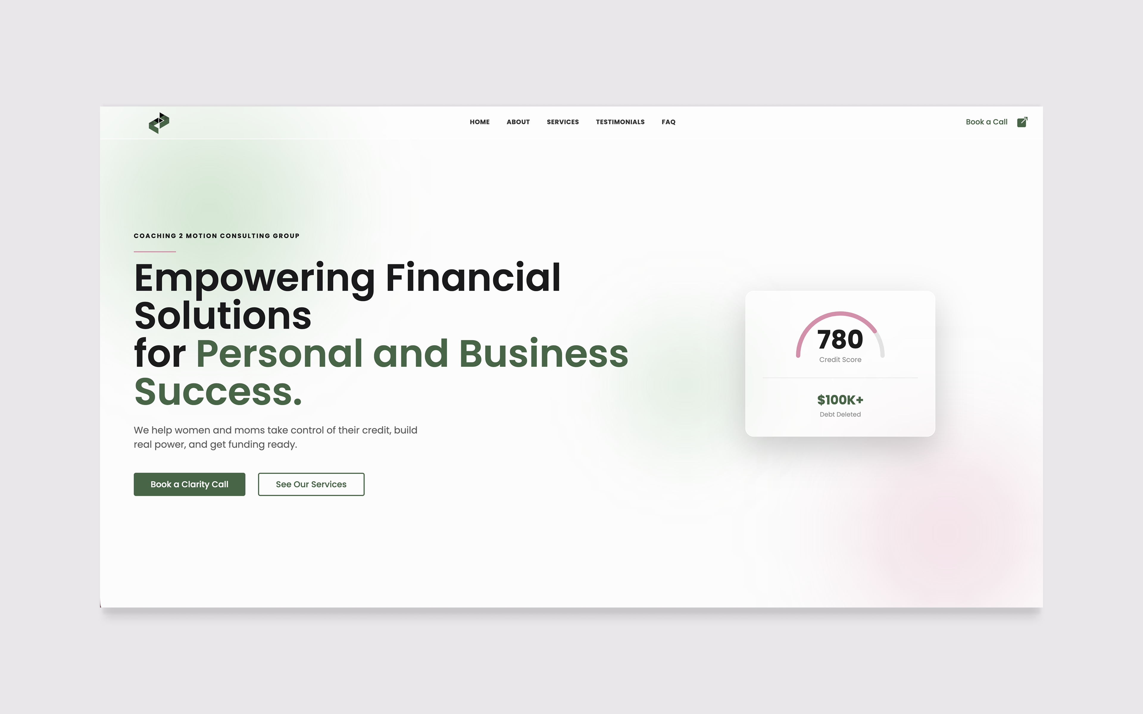 Homepage of Coaching 2 Motion Consulting Group, a refreshed professional consulting site replacing a generic template with a stronger first impression