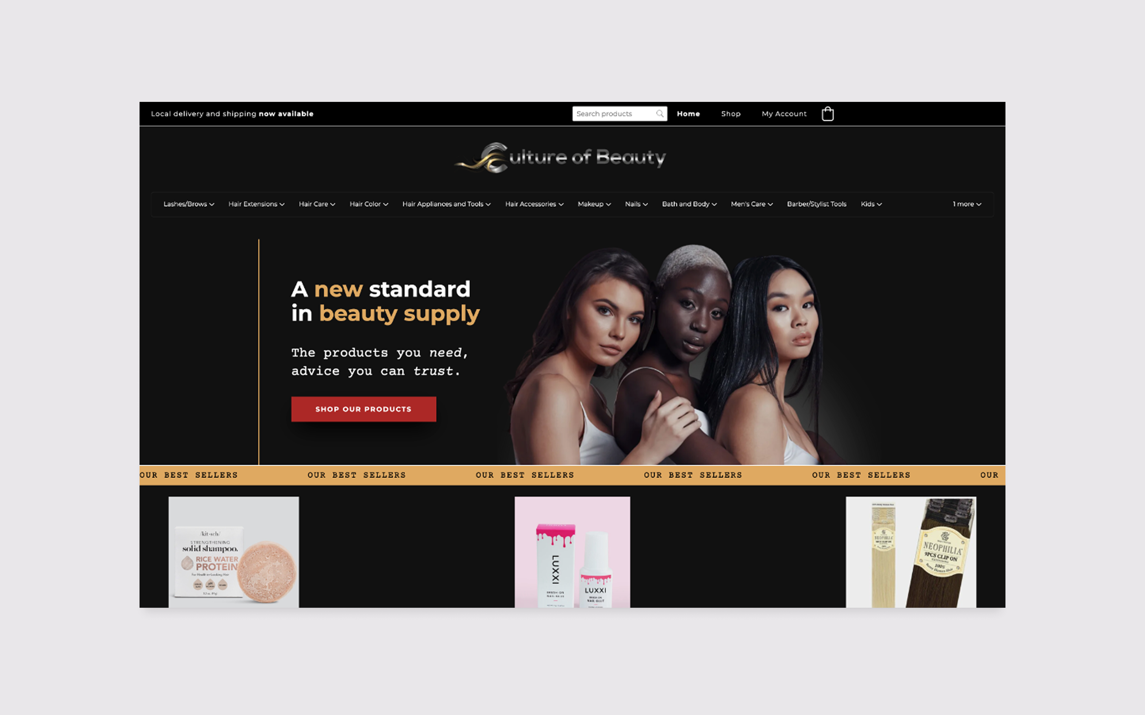 Homepage of Culture of Beauty, an e-commerce beauty supply store with a custom CMS built for independent catalogue management