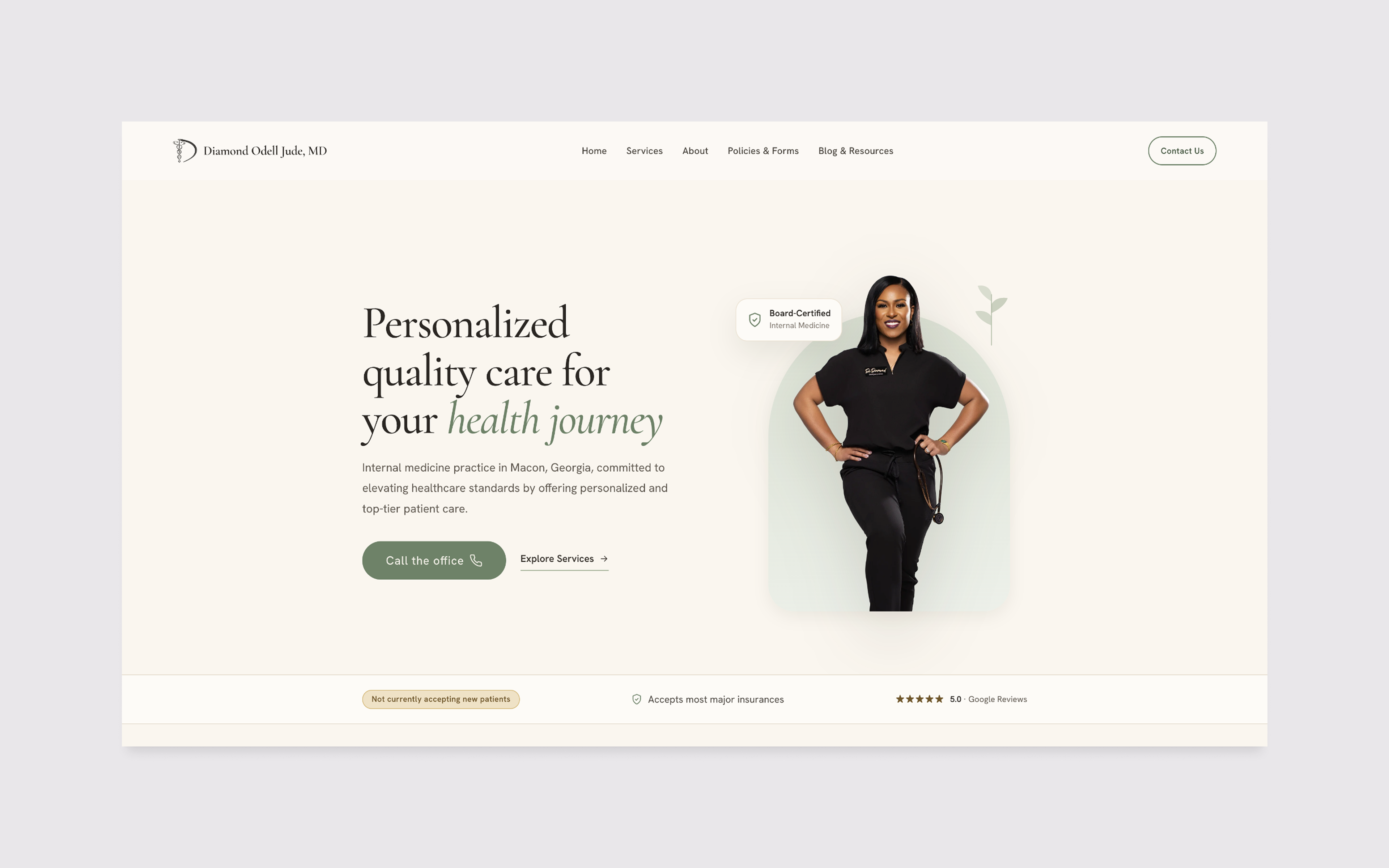 Homepage of Diamond MD LLC, a professional internal medicine practice site designed for easy patient navigation and appointment booking
